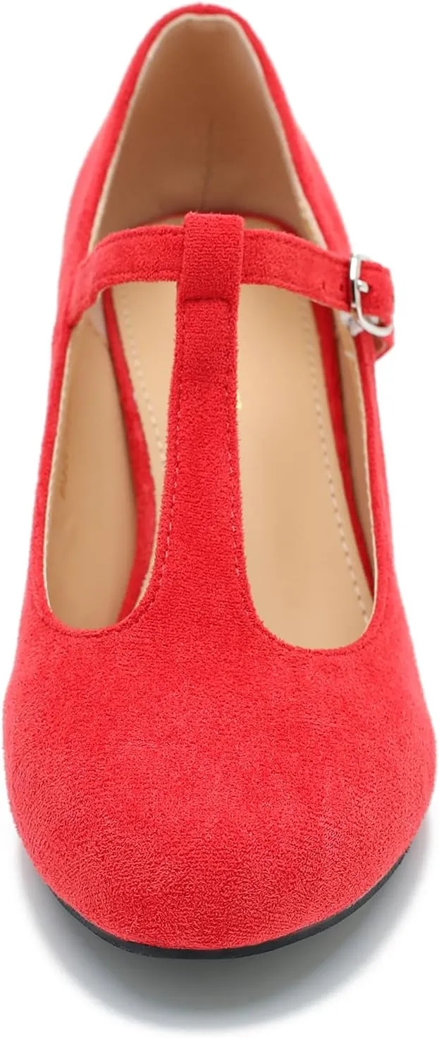 Women's Pumps Low Kitten Heels Mary Jane Retro T-Strap Comfortable Office Work Dress Shoes