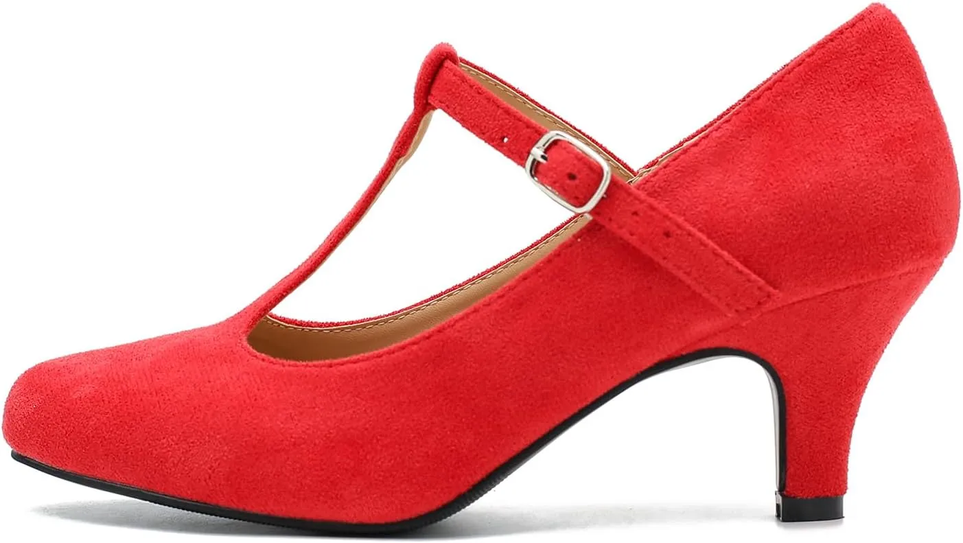 Women's Pumps Low Kitten Heels Mary Jane Retro T-Strap Comfortable Office Work Dress Shoes