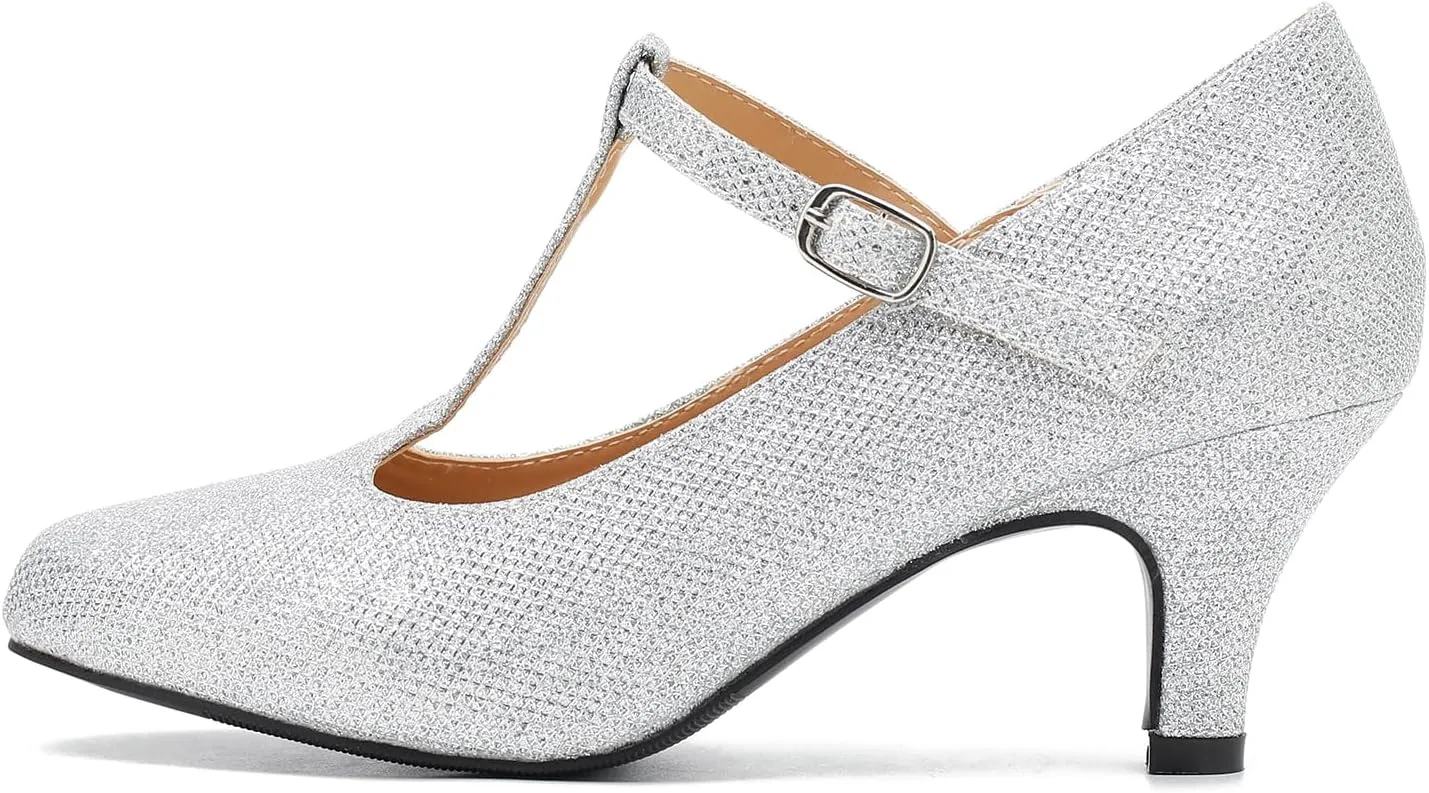 Women's Pumps Low Kitten Heels Mary Jane Retro T-Strap Comfortable Office Work Dress Shoes