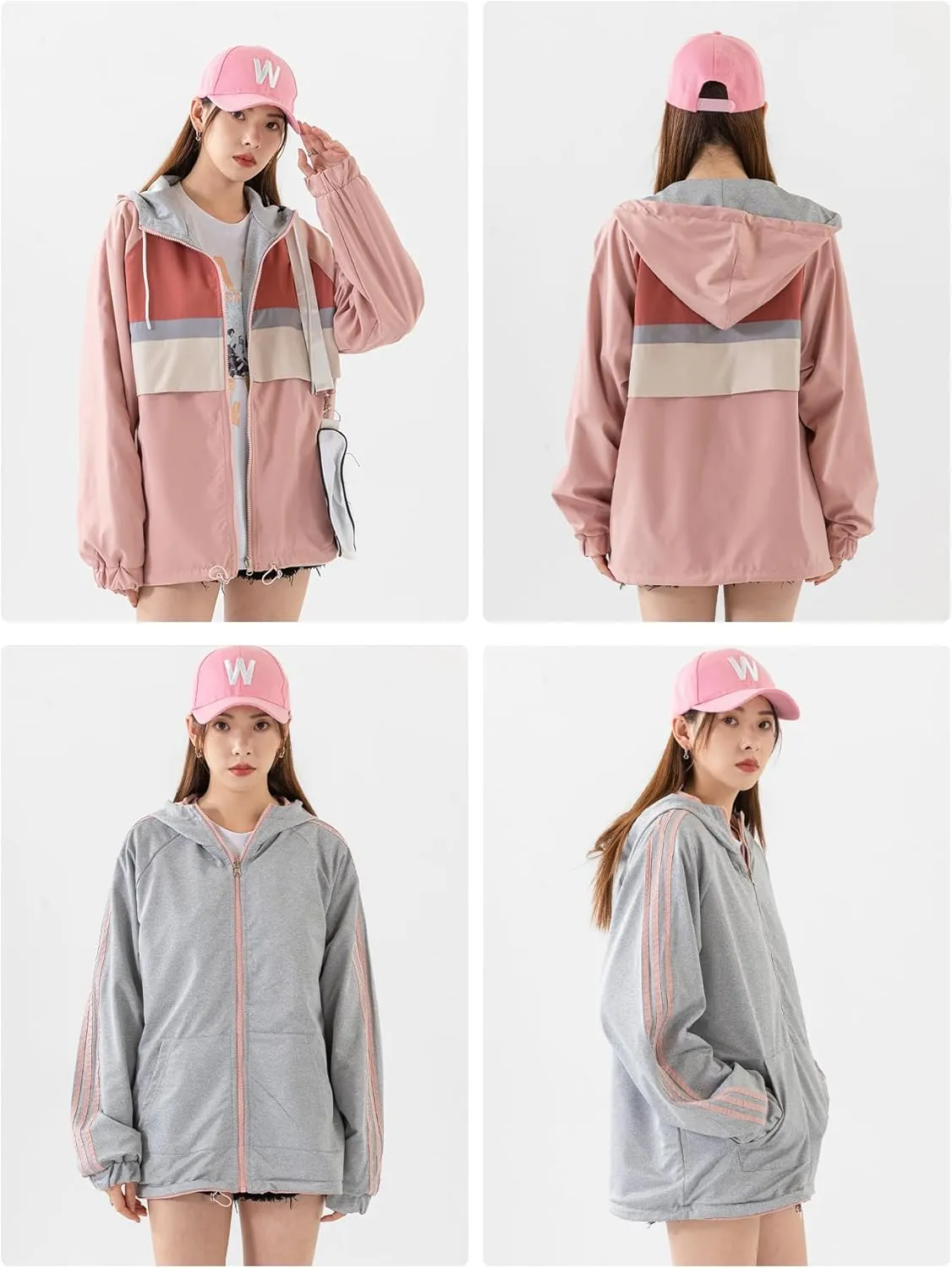 Women's Reversible Waterproof Jacket Lightweight Outdoor Windbreaker Hood Pockets Travel Trekking Camping