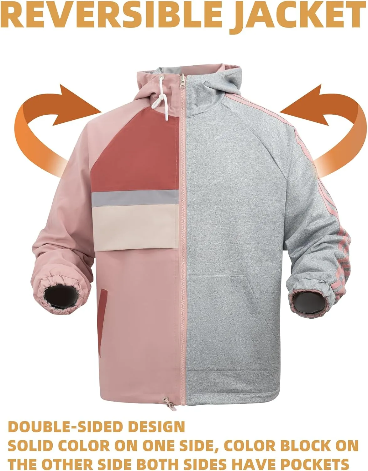 Women's Reversible Waterproof Jacket Lightweight Outdoor Windbreaker Hood Pockets Travel Trekking Camping