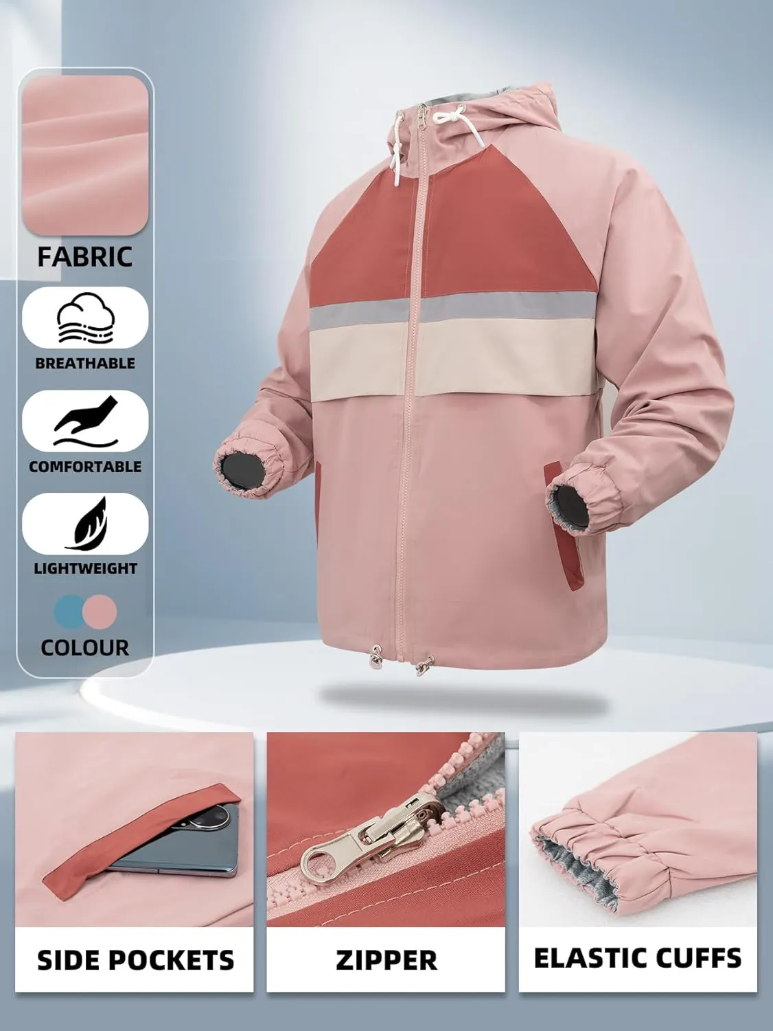 Women's Reversible Waterproof Jacket Lightweight Outdoor Windbreaker Hood Pockets Travel Trekking Camping