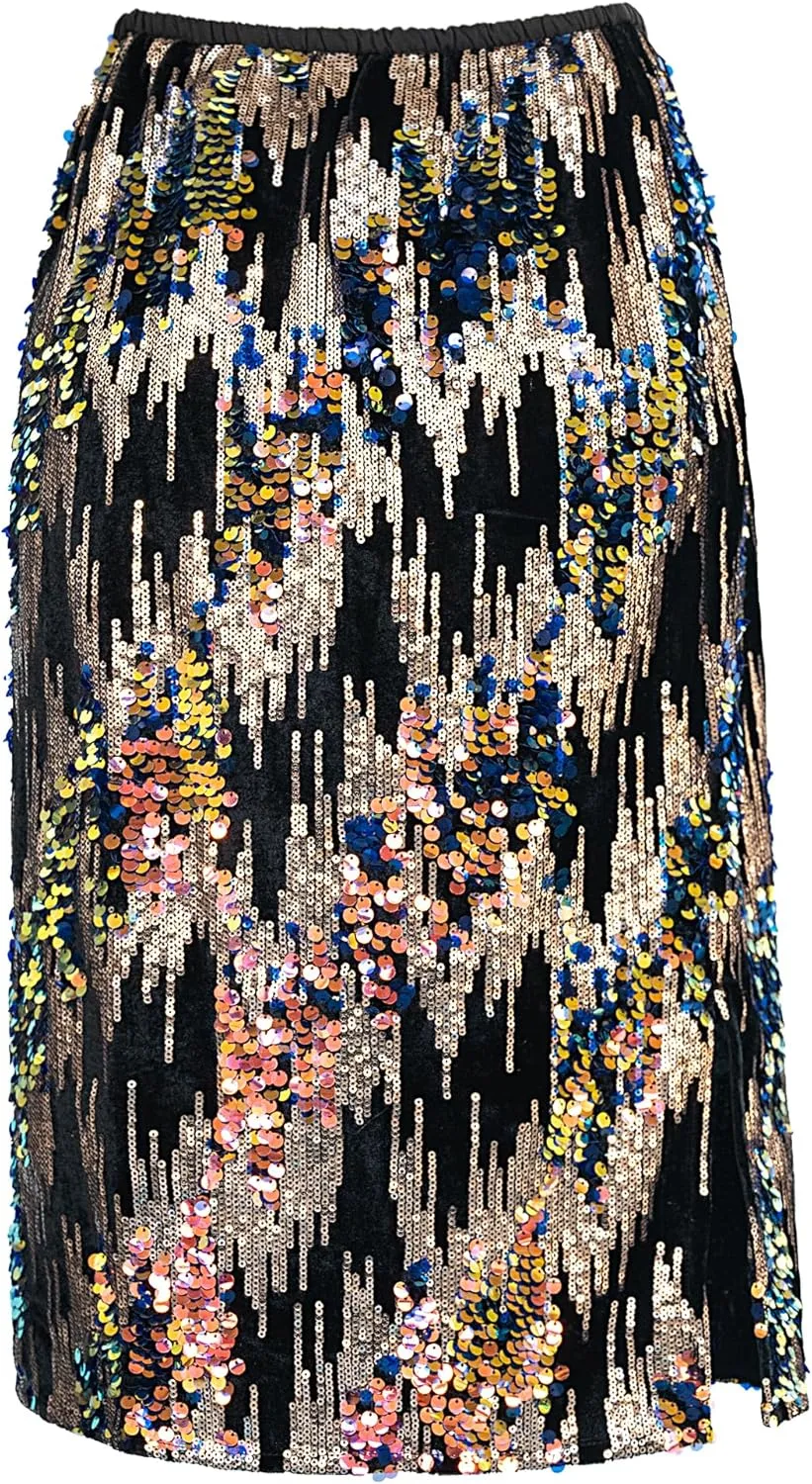Women’s Sequin Velvet Skirt Elastic High Waist Sparkle Split Hem Night Out Party Maxi Skirt