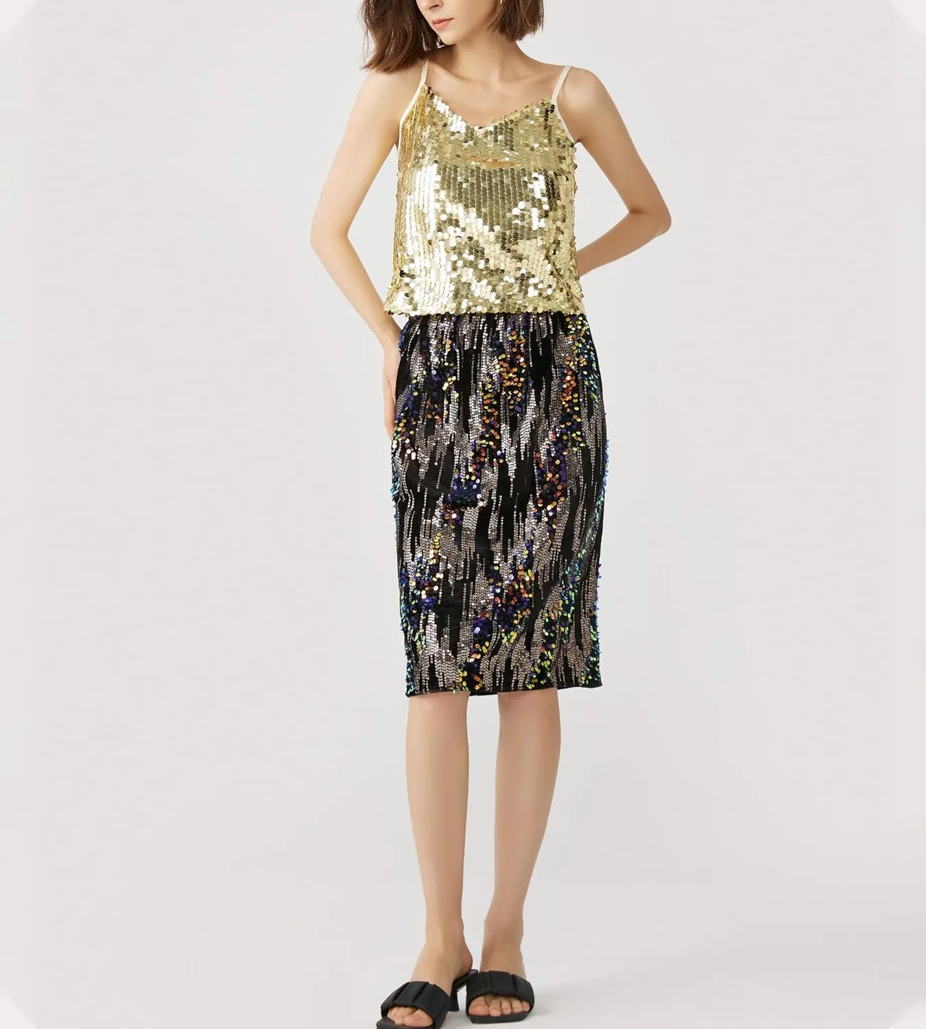 Women’s Sequin Velvet Skirt Elastic High Waist Sparkle Split Hem Night Out Party Maxi Skirt