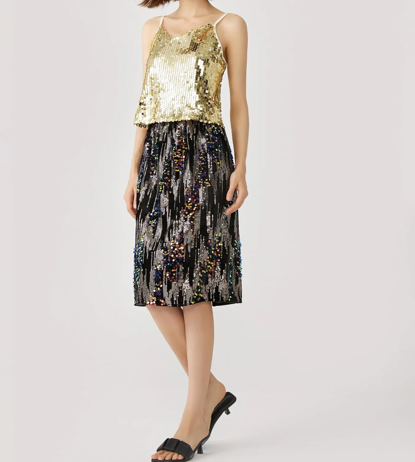Women’s Sequin Velvet Skirt Elastic High Waist Sparkle Split Hem Night Out Party Maxi Skirt