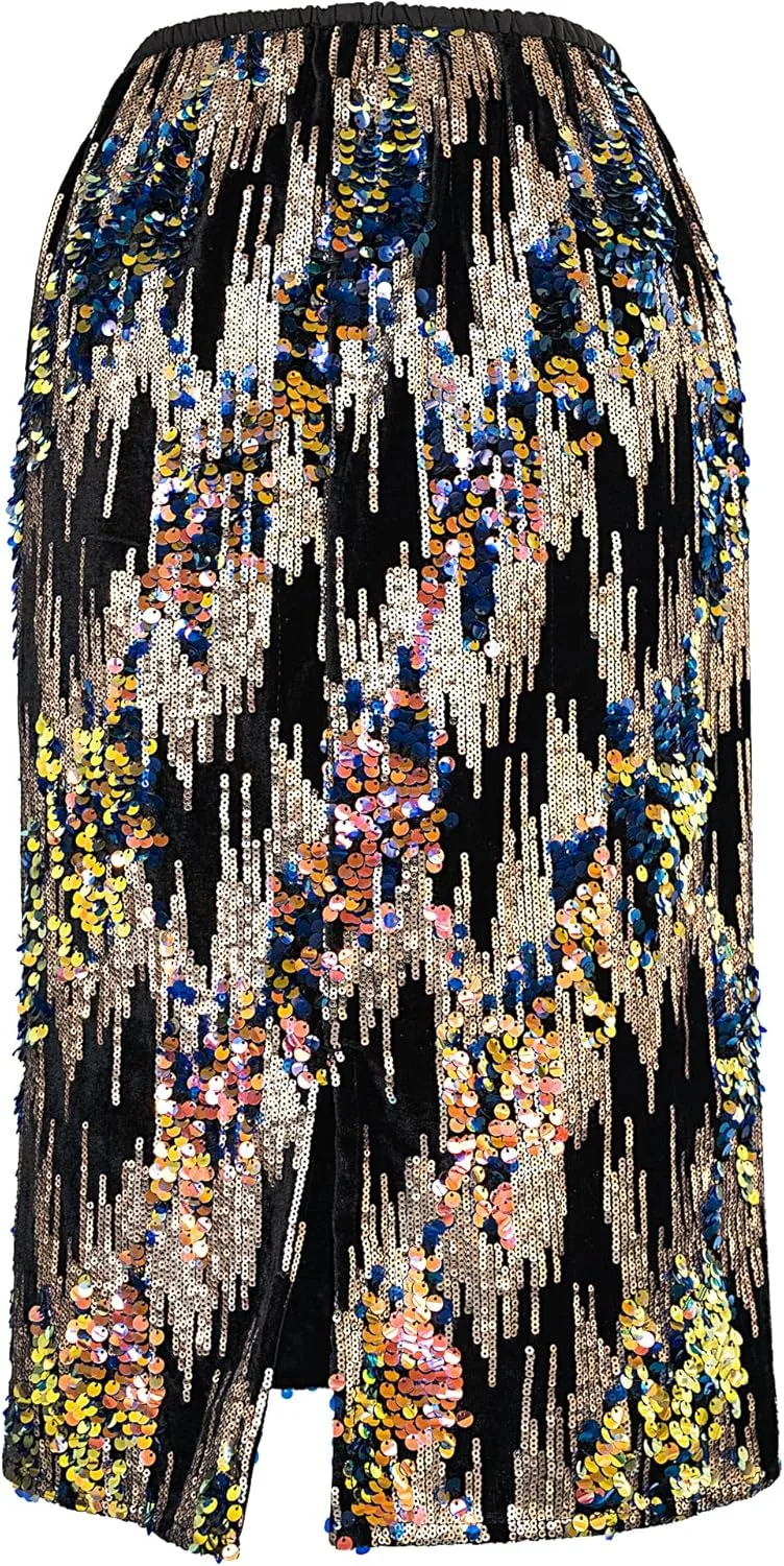 Women’s Sequin Velvet Skirt Elastic High Waist Sparkle Split Hem Night Out Party Maxi Skirt