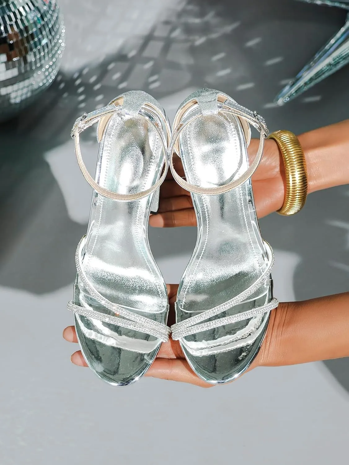 Women's Shiny Silver Metallic Square Toe Chunky High Heel Sandals, Rhinestone-Embellished Straps, Sequin-Covered Heel, Glamorous Party Shoes, Stylish Evening Footwear, Trendy Open-Toe High Heels