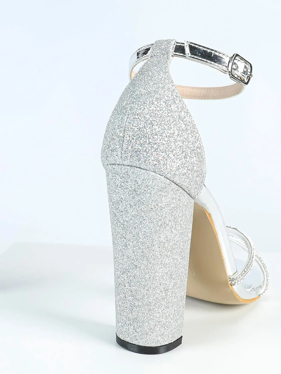 Women's Shiny Silver Metallic Square Toe Chunky High Heel Sandals, Rhinestone-Embellished Straps, Sequin-Covered Heel, Glamorous Party Shoes, Stylish Evening Footwear, Trendy Open-Toe High Heels