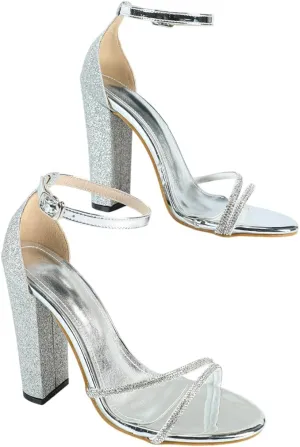 Women's Shiny Silver Metallic Square Toe Chunky High Heel Sandals, Rhinestone-Embellished Straps, Sequin-Covered Heel, Glamorous Party Shoes, Stylish Evening Footwear, Trendy Open-Toe High Heels