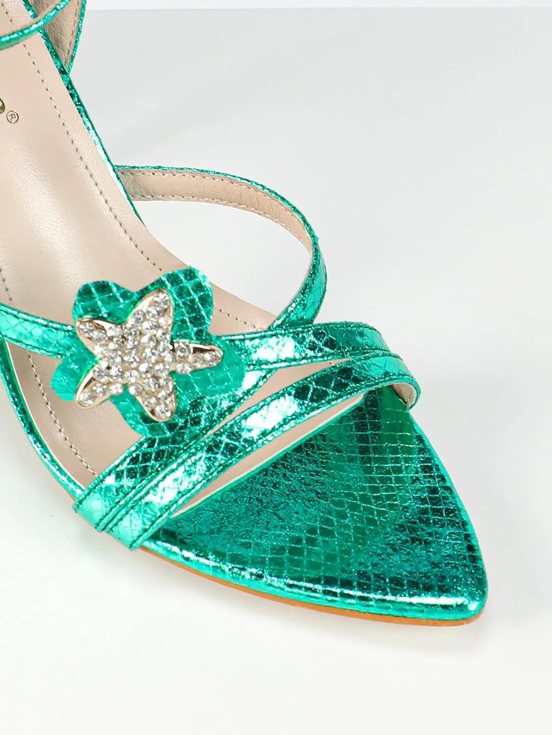 Women's Snake-Effect High Heel Sandals – Elegant Crisscross Strap Evening Shoes with Rhinestone Flower, Glamorous Stiletto Heels for Galas & Parties