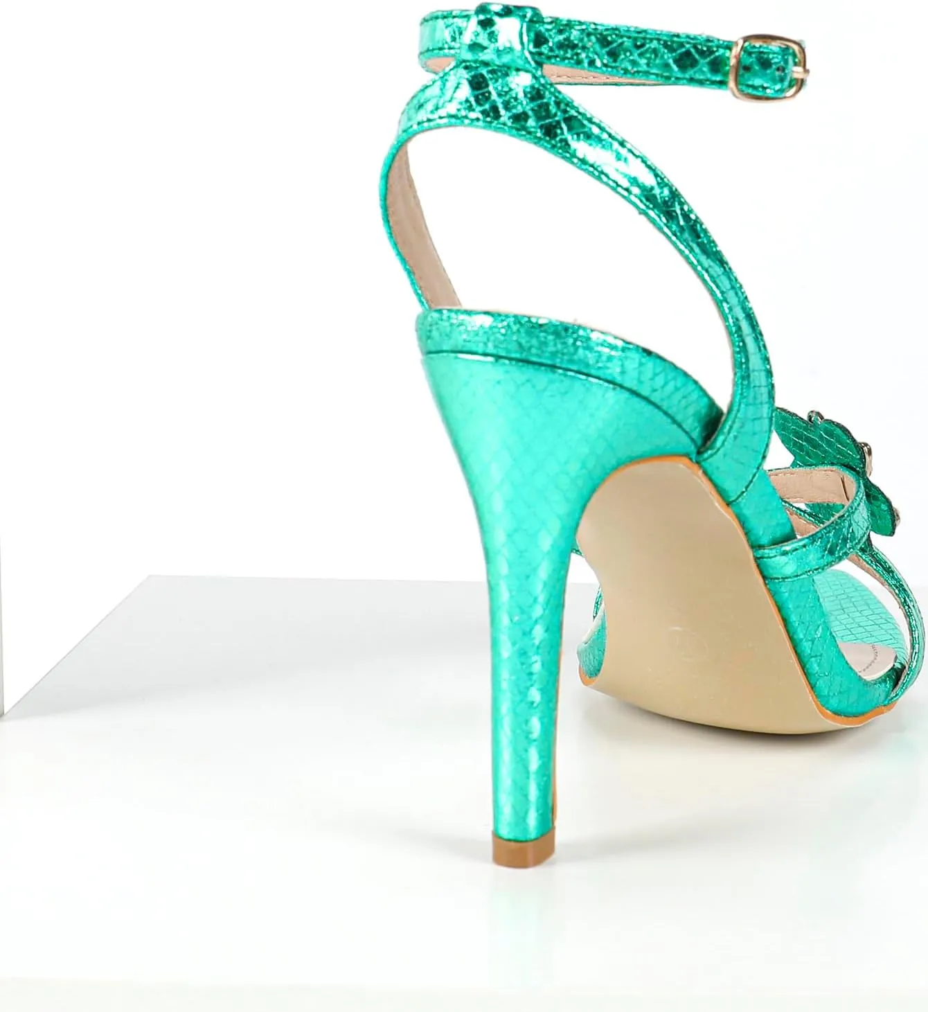 Women's Snake-Effect High Heel Sandals – Elegant Crisscross Strap Evening Shoes with Rhinestone Flower, Glamorous Stiletto Heels for Galas & Parties