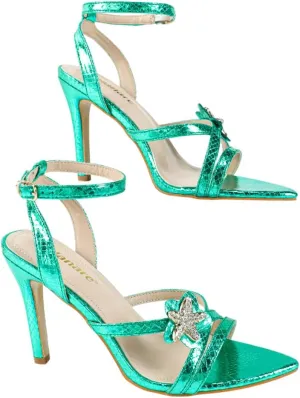 Women's Snake-Effect High Heel Sandals – Elegant Crisscross Strap Evening Shoes with Rhinestone Flower, Glamorous Stiletto Heels for Galas & Parties