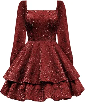 Women's Sparkly Sequin Long Sleeve Homecoming Dresses for Teens Glitter Tiered Short A-Line Formal Cocktail Prom Dress