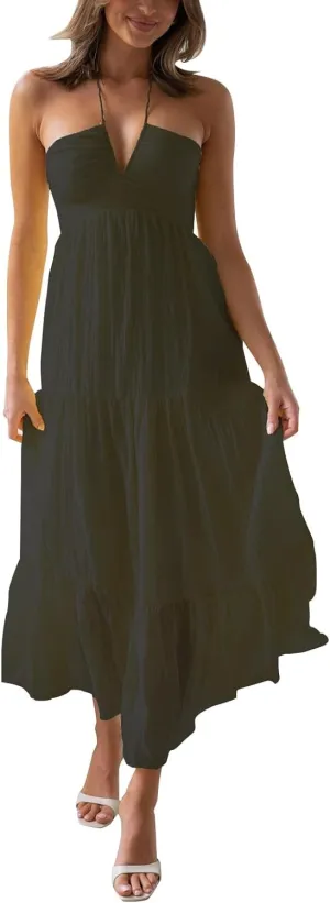 Women's Suspender V Neck Long Patchwork Dress Temperament Off Shoulder Casual Dresses Cute Summer Cute Winter Dresses