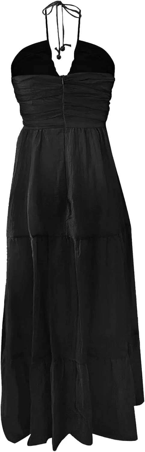 Women's Suspender V Neck Long Patchwork Dress Temperament Off Shoulder Casual Dresses Cute Summer Cute Winter Dresses