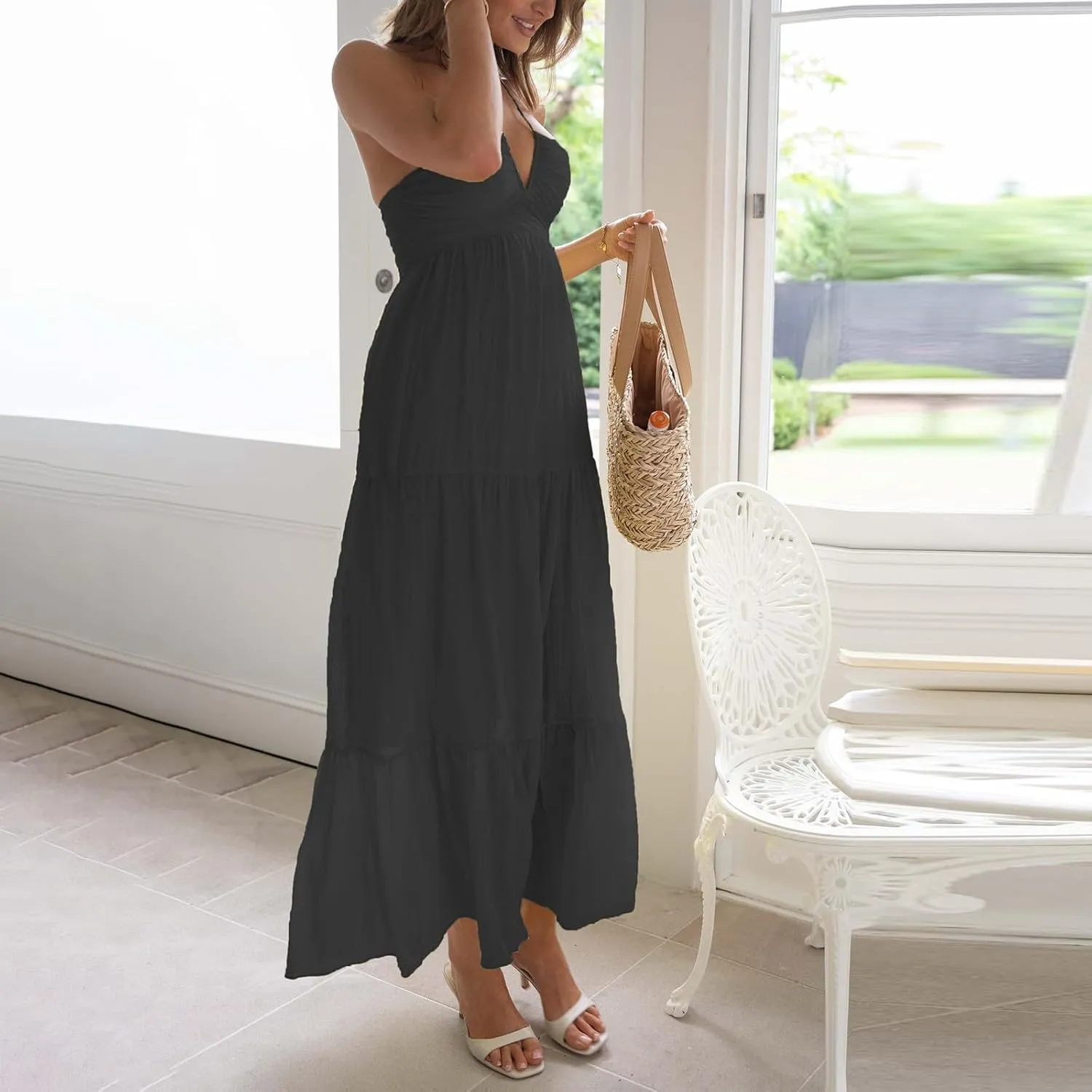 Women's Suspender V Neck Long Patchwork Dress Temperament Off Shoulder Casual Dresses Cute Summer Cute Winter Dresses