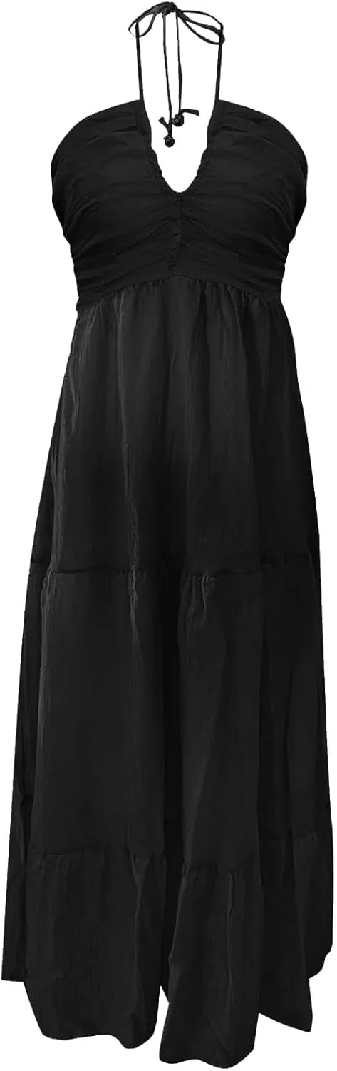 Women's Suspender V Neck Long Patchwork Dress Temperament Off Shoulder Casual Dresses Cute Summer Cute Winter Dresses