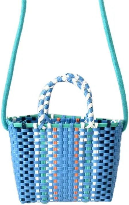 Women's Tote Handbags, Woven Bag Colorful Plastic Strip Handle Small Cute Fashionable Square Bag for Summer Beach(Blue)