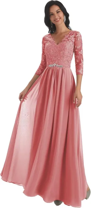 Women's V-Neck Lace Appliques Chiffon Mother of The Bride Dress with Sleeves Long Evening Formal Dress