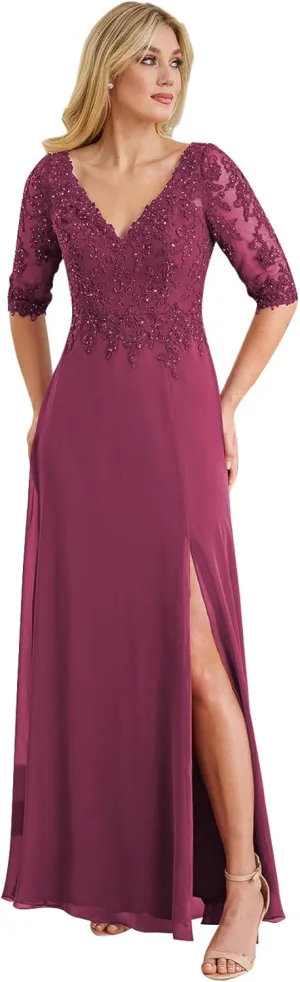 Women's V Neck Lace Mother of The Bride Dresses Short Sleeve Chiffon Long Formal Party Gown with Slit