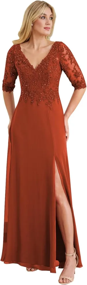 Women's V Neck Lace Mother of The Bride Dresses Short Sleeve Chiffon Long Formal Party Gown with Slit