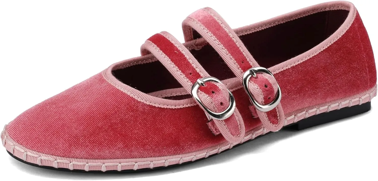 Women's Velvet Mary Jane Ballet Flats Round Toe Comfortable Dress Shoes Elegant Pink Velvet Flats