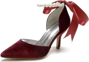Womens Velvet Pointed Toe High Heel Pumps Comfort Kitten Heels for Bride Pearls Prom Evening Party Dress Shoes
