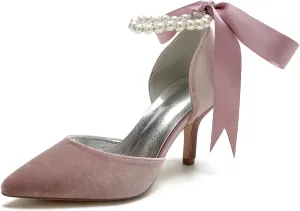 Womens Velvet Pointed Toe High Heel Pumps Comfort Kitten Heels for Bride Pearls Prom Evening Party Dress Shoes