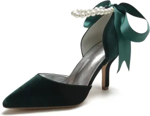 Womens Velvet Pointed Toe High Heel Pumps Comfort Kitten Heels for Bride Pearls Prom Evening Party Dress Shoes