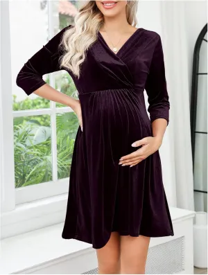 Women's Velvet Retro V-Neck A-Line Maternity Dress for Holiday, Evening, Wedding Guest - Purple