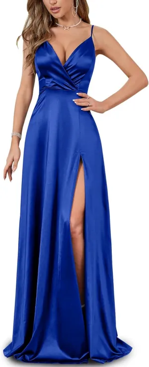 Women's Vintage 1950's Surplice V Neck Split Thigh Evening Party Formal Dress