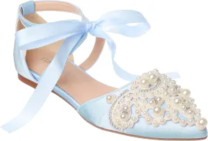 Women's Wedding Flat Pearl Rhinestone Pointed Toe Ivory Satin Ribbon Tie Bridal Shoes
