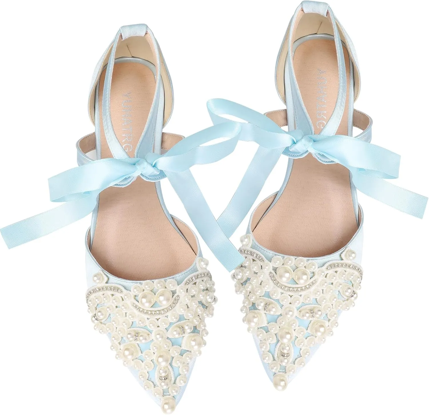 Women's Wedding Flat Pearl Rhinestone Pointed Toe Ivory Satin Ribbon Tie Bridal Shoes