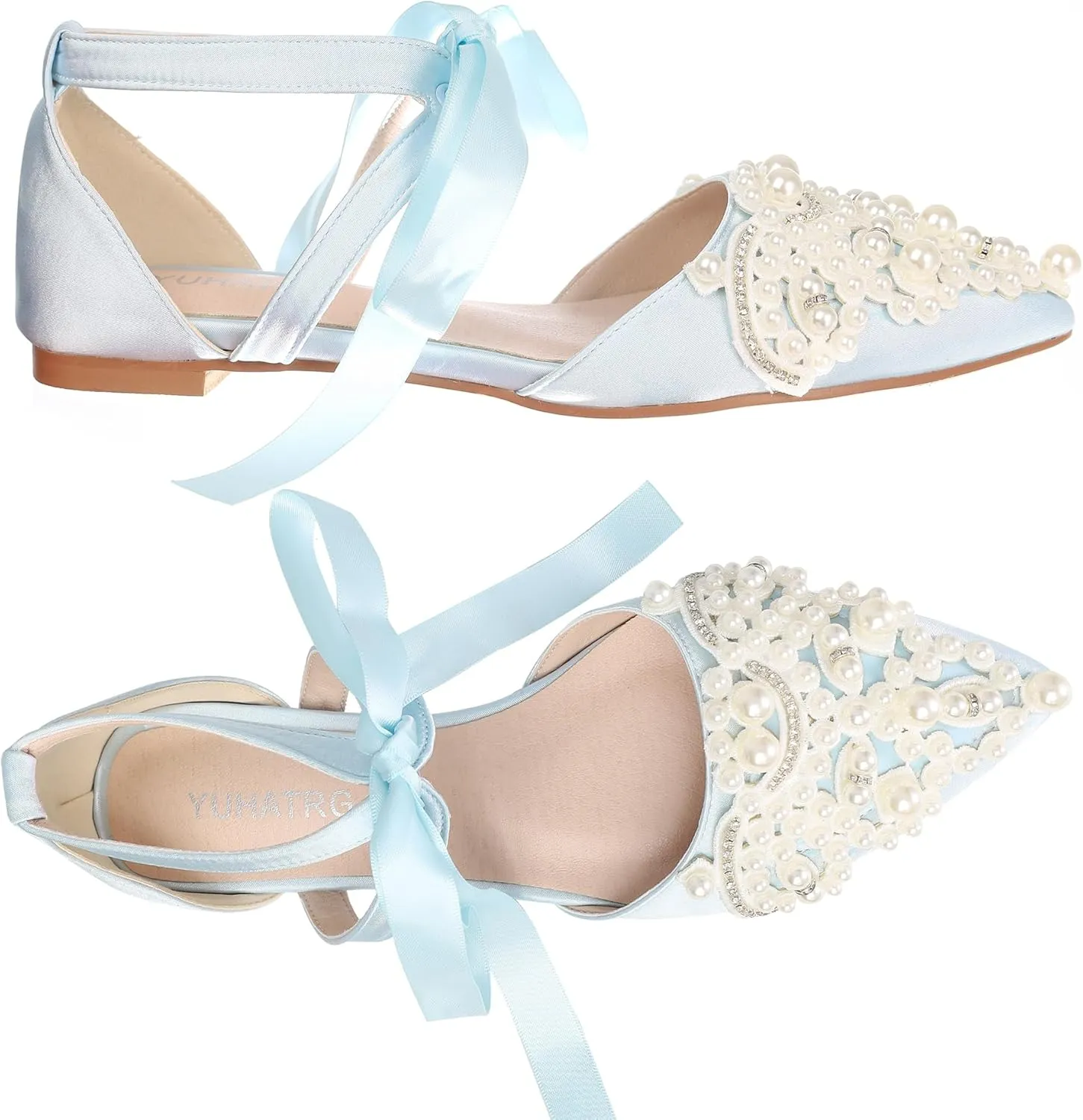 Women's Wedding Flat Pearl Rhinestone Pointed Toe Ivory Satin Ribbon Tie Bridal Shoes