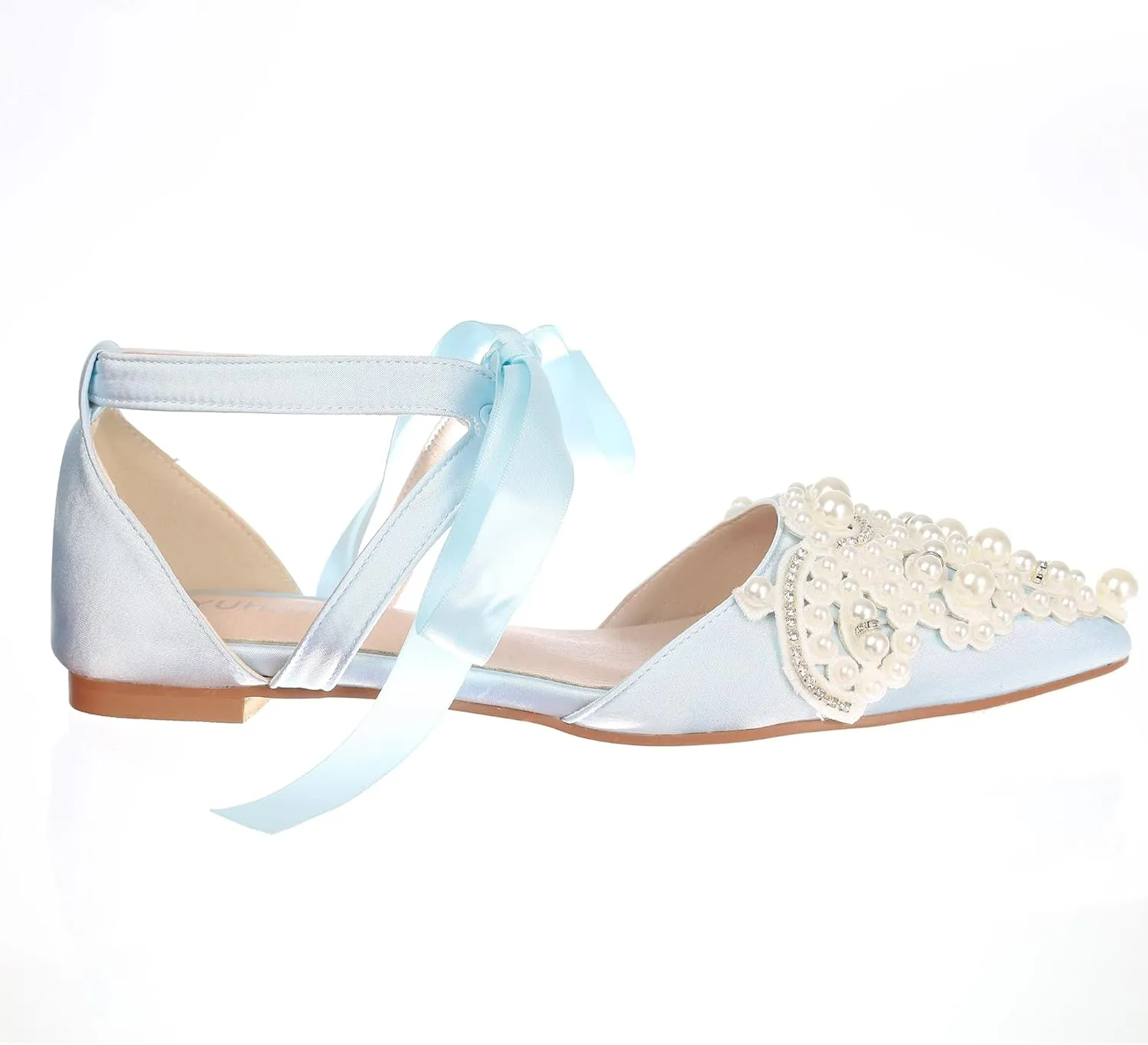 Women's Wedding Flat Pearl Rhinestone Pointed Toe Ivory Satin Ribbon Tie Bridal Shoes