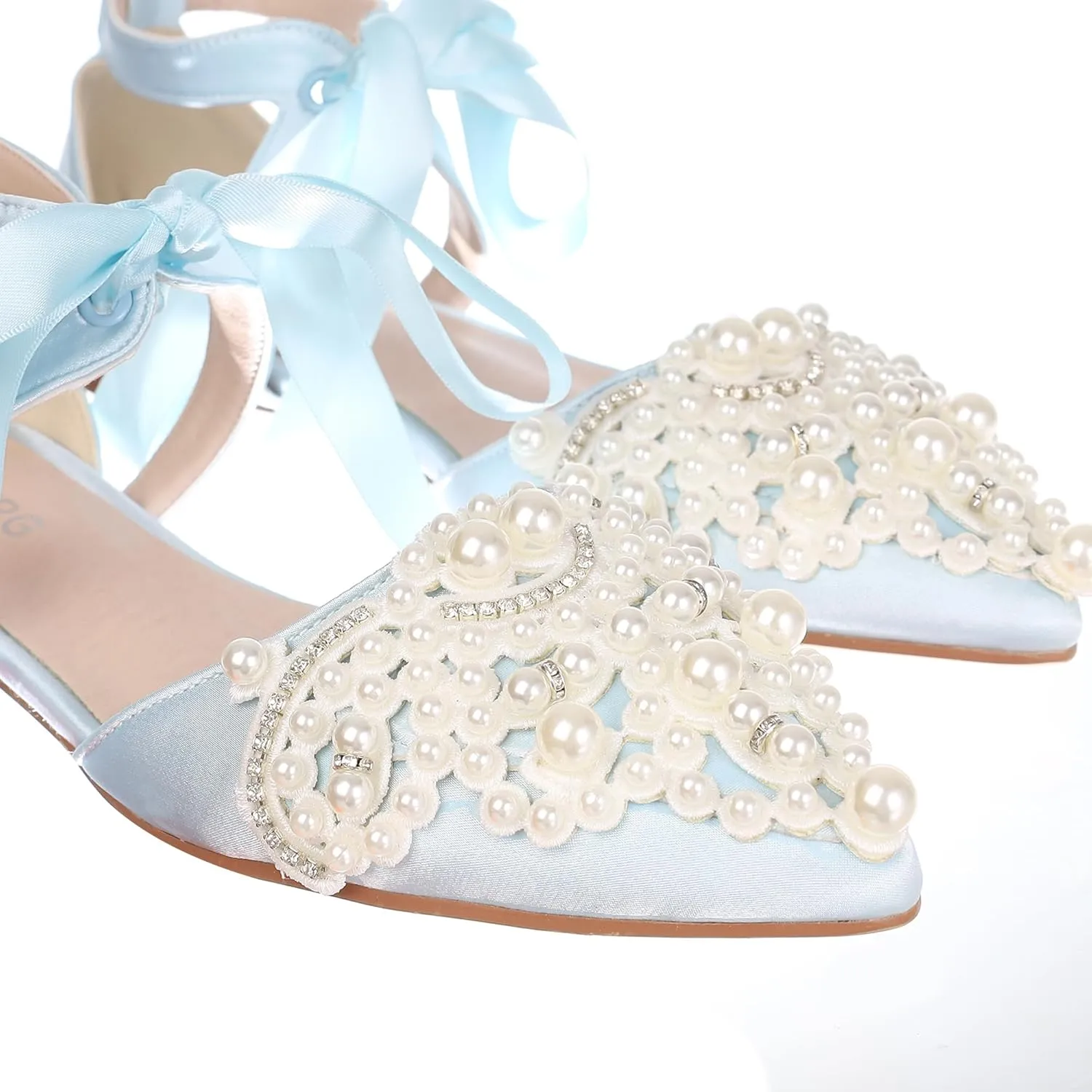 Women's Wedding Flat Pearl Rhinestone Pointed Toe Ivory Satin Ribbon Tie Bridal Shoes