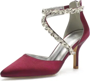 Women's Wedding Shoes for Bride High Heels Sandals Pointed Toe Bridal Shoes Ankle Strap Zipper Beaded Satin Prom Party Dress Pumps