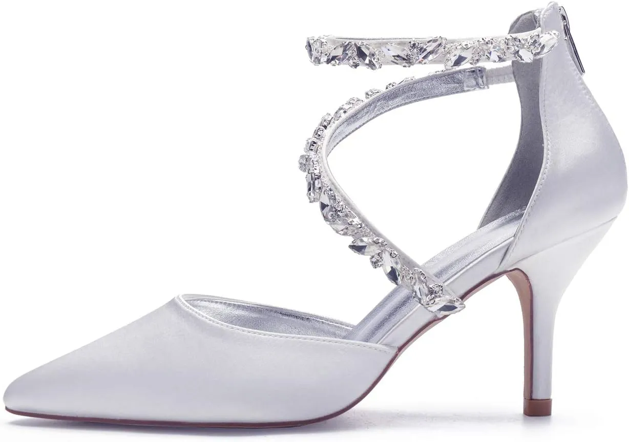 Women's Wedding Shoes for Bride High Heels Sandals Pointed Toe Bridal Shoes Ankle Strap Zipper Beaded Satin Prom Party Dress Pumps