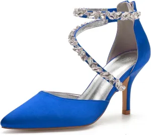 Women's Wedding Shoes for Bride High Heels Sandals Pointed Toe Bridal Shoes Ankle Strap Zipper Beaded Satin Prom Party Dress Pumps