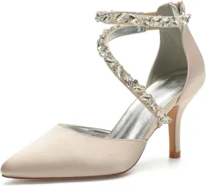 Women's Wedding Shoes for Bride High Heels Sandals Pointed Toe Bridal Shoes Ankle Strap Zipper Beaded Satin Prom Party Dress Pumps