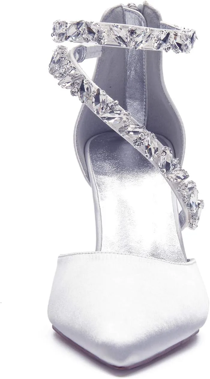 Women's Wedding Shoes for Bride High Heels Sandals Pointed Toe Bridal Shoes Ankle Strap Zipper Beaded Satin Prom Party Dress Pumps