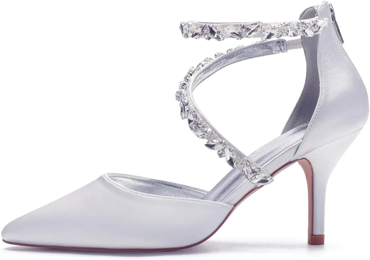 Women's Wedding Shoes for Bride High Heels Sandals Pointed Toe Bridal Shoes Ankle Strap Zipper Beaded Satin Prom Party Dress Pumps