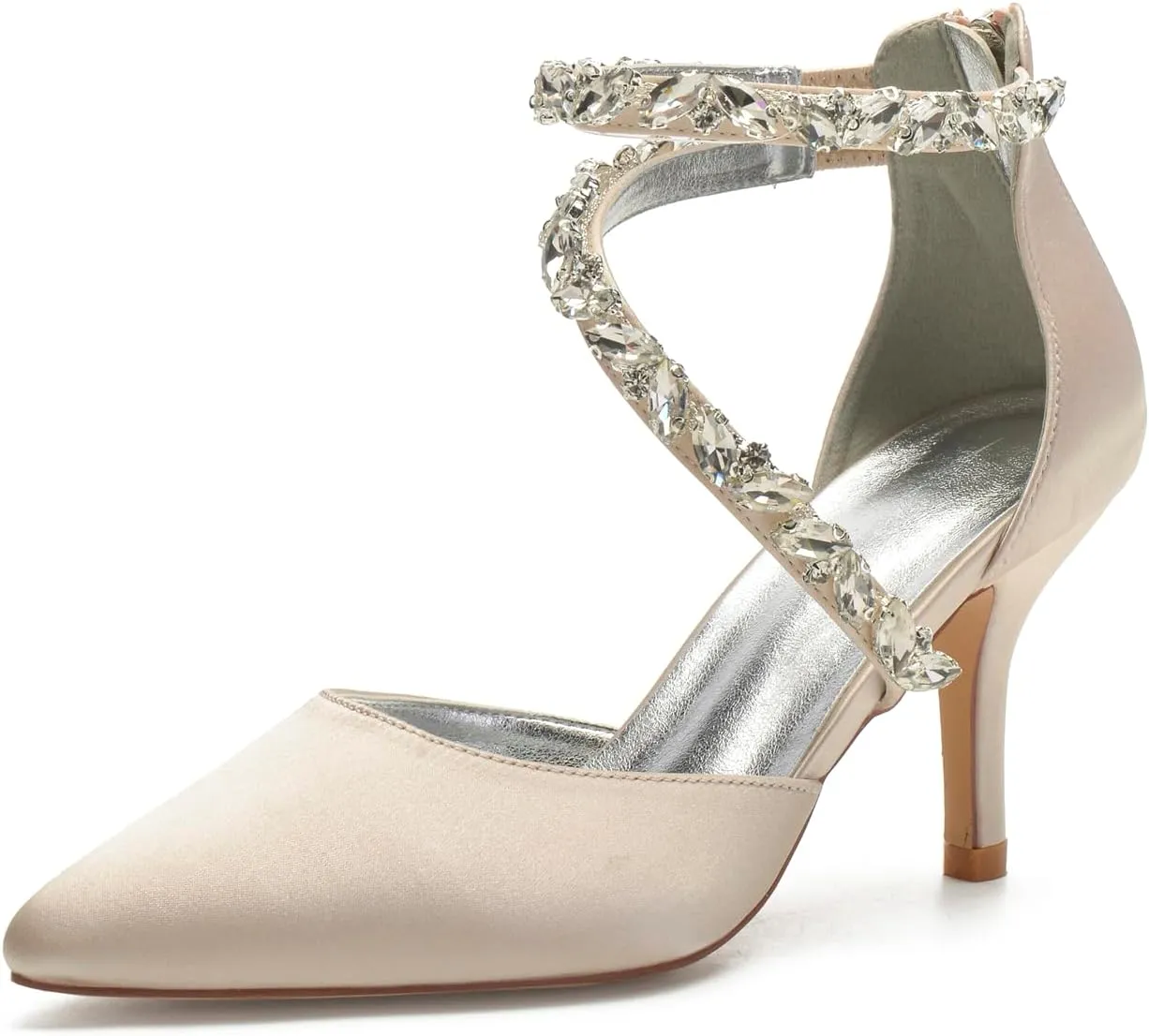 Women's Wedding Shoes for Bride High Heels Sandals Pointed Toe Bridal Shoes Ankle Strap Zipper Beaded Satin Prom Party Dress Pumps