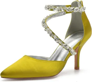 Women's Wedding Shoes for Bride High Heels Sandals Pointed Toe Bridal Shoes Ankle Strap Zipper Beaded Satin Prom Party Dress Pumps