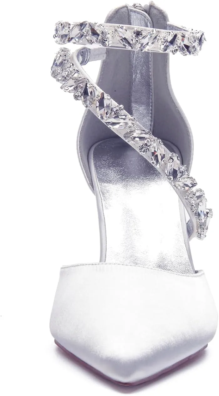 Women's Wedding Shoes for Bride High Heels Sandals Pointed Toe Bridal Shoes Ankle Strap Zipper Beaded Satin Prom Party Dress Pumps
