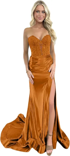 Wome's Strapless Prom Dress 2025 Long Appliques Sweetheart Ruched Satin Mermaid Formal Evening Gown