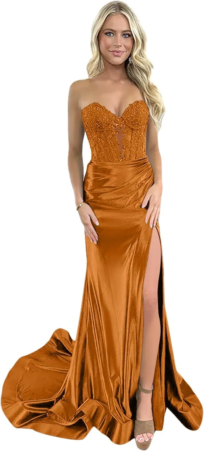 Wome's Strapless Prom Dress 2025 Long Appliques Sweetheart Ruched Satin Mermaid Formal Evening Gown
