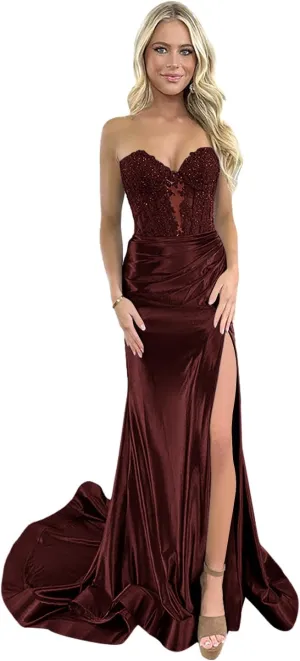 Wome's Strapless Prom Dress 2025 Long Appliques Sweetheart Ruched Satin Mermaid Formal Evening Gown