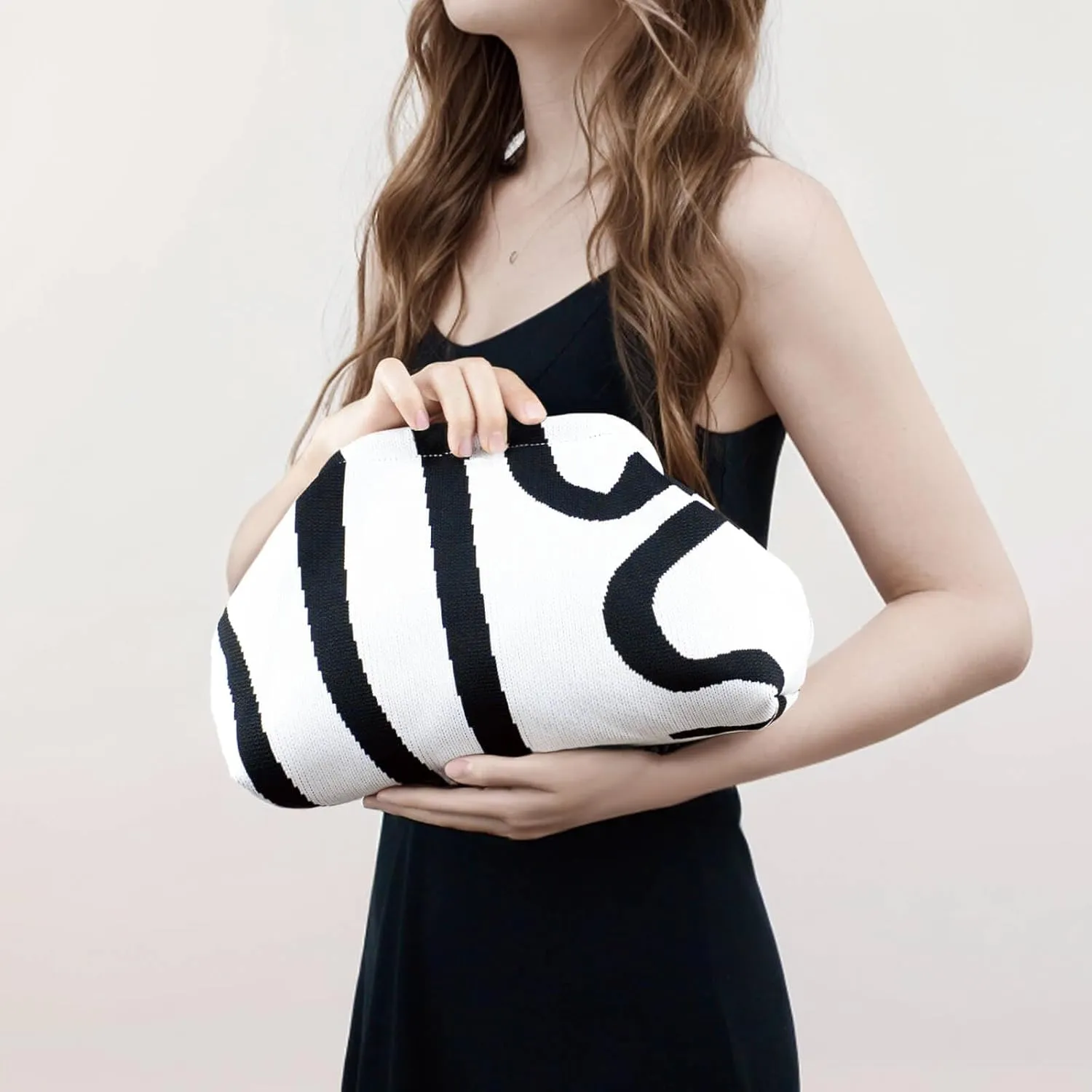 WOZEAH Summer Clutch Purses for Women Casual Crochet Dumpling Bag Colorblock Striped Cloud Clutch Handbags