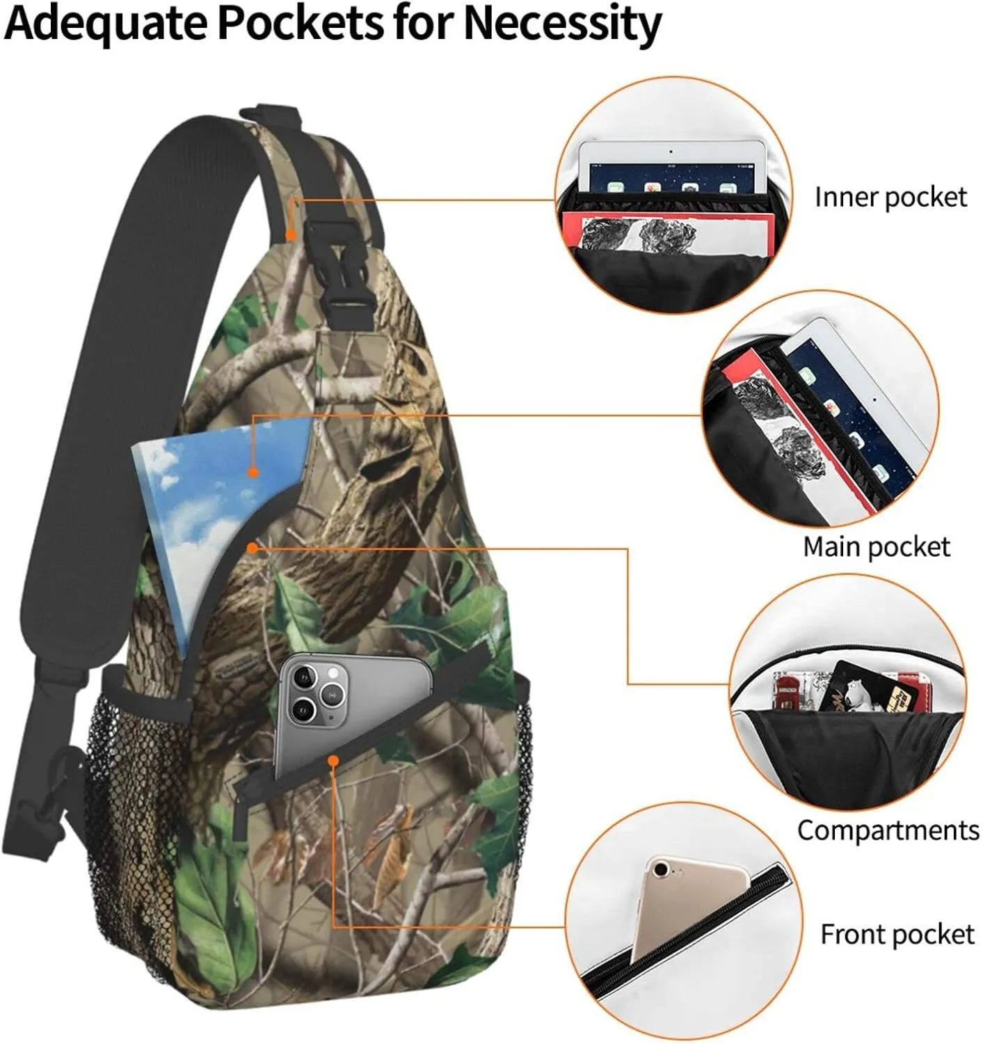 WURTON Hardwoods Green Camo Print Trendy Casual Daypack Versatile Crossbody Backpack Shoulder Bag Fashionable Chest Bag